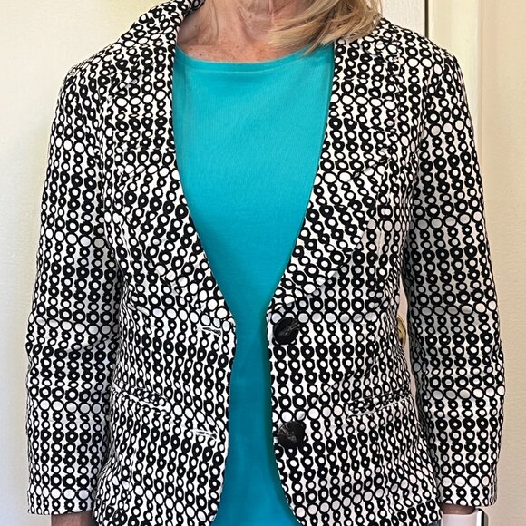 CAbi Women's Black And Off White Circles Stretch Blazer 3/4 Sleeves Size 0 - Picture 4 of 7